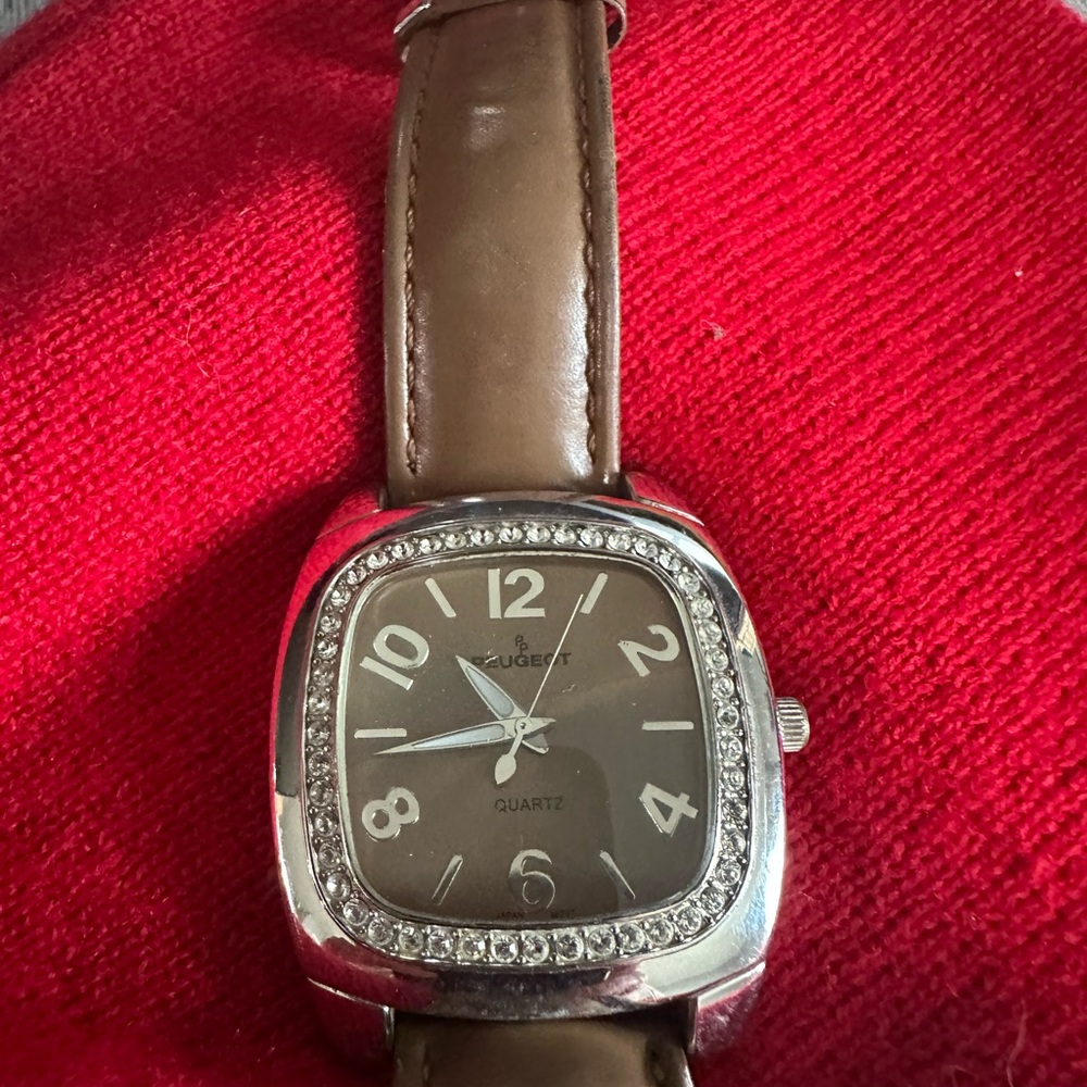 Peugeot Watch with Silver Case and Tan Strap